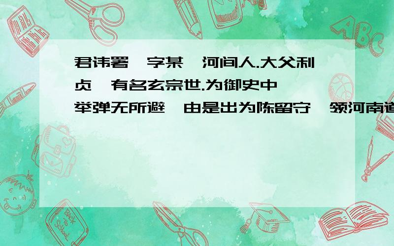 君讳署,字某,河间人.大父利贞,有名玄宗世.为御史中丞,举弹无所避,由是出为陈留守,领河南道采访处