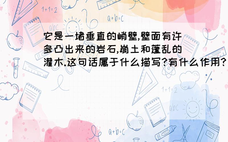 它是一堵垂直的峭壁,壁面有许多凸出来的岩石,崩土和蓬乱的灌木.这句话属于什么描写?有什么作用?