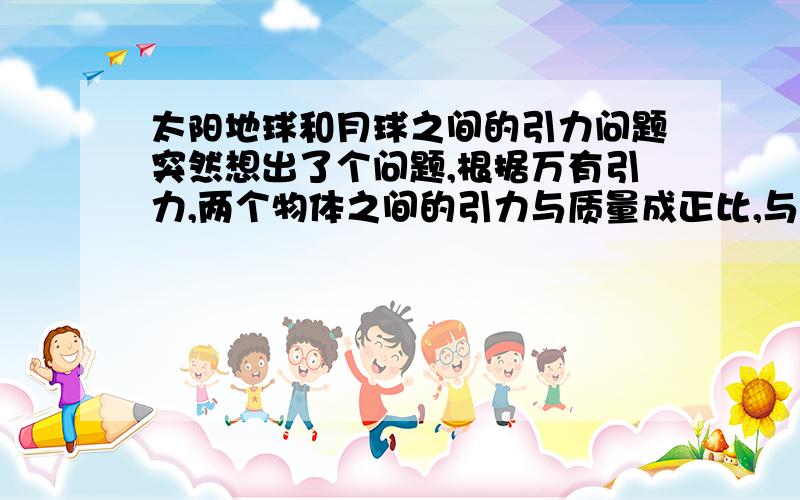 太阳地球和月球之间的引力问题突然想出了个问题,根据万有引力,两个物体之间的引力与质量成正比,与距离的平方成反比地球月球之间引力=常数*地球质量*月球质量/地球月球之间距离的平方