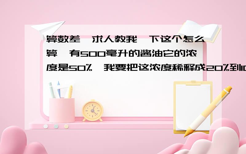 算数差,求人教我一下这个怎么算,有500毫升的酱油它的浓度是50%,我要把这浓度稀释成20%到1000毫升,我要在这中间取多少毫升的酱油给个完美公式,