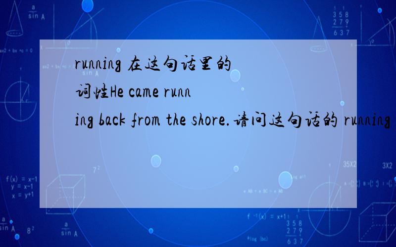 running 在这句话里的词性He came running back from the shore.请问这句话的 running 是什麼词性呢?是不是副词用来修饰 came back 请问形容词可以用来修饰动词吗？我不是很懂...