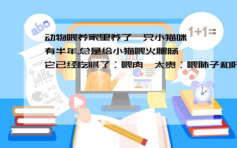 动物喂养家里养了一只小猫咪,有半年.总是给小猫喂火腿肠,它已经吃腻了；喂肉,太贵；喂肺子和肝,太脏；喂牛奶太奢侈；当然,以上这些偶尔也会给它喂喂,可不能总作为一日三餐.小猫嘴馋,