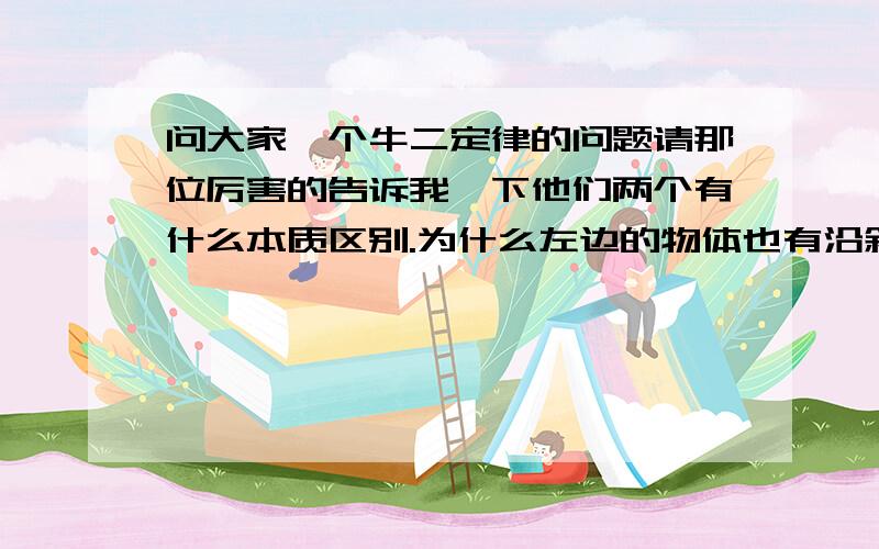 问大家一个牛二定律的问题请那位厉害的告诉我一下他们两个有什么本质区别.为什么左边的物体也有沿斜面的加速度分解求摩擦力就错误,请不要就提论题.（否则换个复杂的又不会了）告诉