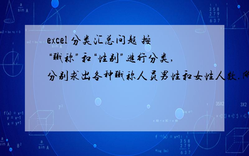 excel 分类汇总问题 按“职称”和“性别”进行分类,分别求出各种职称人员男性和女性人数.所属院系职称性别机械系副教授女土木系副教授男机械系讲师男电子系讲师女土木系助教