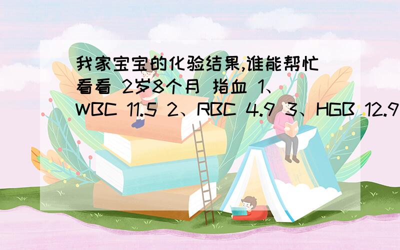 我家宝宝的化验结果,谁能帮忙看看 2岁8个月 指血 1、WBC 11.5 2、RBC 4.9 3、HGB 12.9 4、PLT 79 5、HCT 2岁8个月    指血  症状咳嗽有痰,流鼻涕1、WBC   11.52、RBC    4.93、HGB    12.94、PLT     795、HCT     42.26