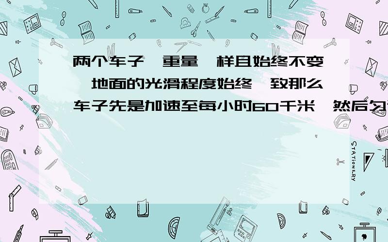 两个车子,重量一样且始终不变,地面的光滑程度始终一致那么车子先是加速至每小时60千米,然后匀速行驶,这时车子前进力=摩擦力另一个车子先加速到120千米每小时,然后匀速行驶,这时车子前