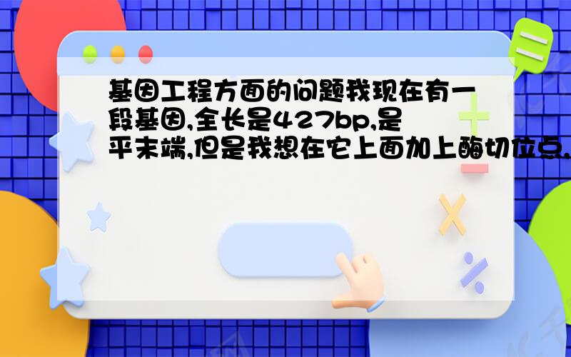 基因工程方面的问题我现在有一段基因,全长是427bp,是平末端,但是我想在它上面加上酶切位点,也就是说转化成粘性末端,比如加上ecol 1和hind 3 ,因为我要和带有这连个酶切位点的载体连接,我该