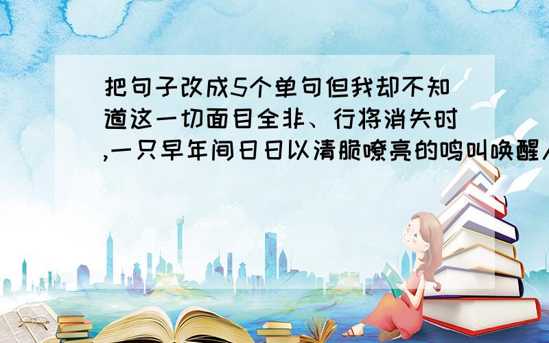 把句子改成5个单句但我却不知道这一切面目全非、行将消失时,一只早年间日日以清脆嘹亮的鸣叫唤醒人们的大红公鸡、一条老死窝中的黑狗、每个午后都照在(已经消失的)门框上的那一缕夕