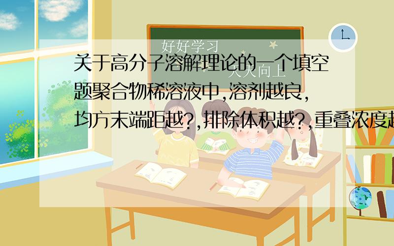 关于高分子溶解理论的一个填空题聚合物稀溶液中,溶剂越良,均方末端距越?,排除体积越?,重叠浓度越?；第二维里系数越?,体系的χ越?,Mark-Houwink常数α值越?还就是高分子溶解性和溶解能力是不