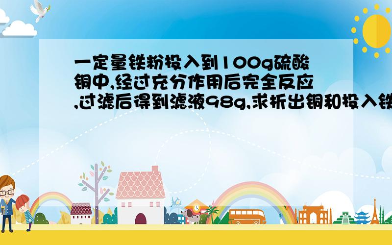 一定量铁粉投入到100g硫酸铜中,经过充分作用后完全反应,过滤后得到滤液98g,求析出铜和投入铁粉的质量.