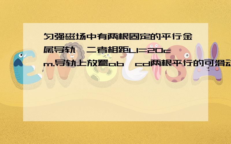 匀强磁场中有两根固定的平行金属导轨,二者相距L1=20cm.导轨上放置ab、cd两根平行的可滑动金属细棒,在两棒中点OO’拴一根L2=40cm的细线,线长保持不变.设感应强度B以每秒1特的变化率均匀减小.