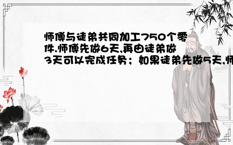 师傅与徒弟共同加工750个零件.师傅先做6天,再由徒弟做3天可以完成任务；如果徒弟先做5天,师傅再做5天就能完成任务,那么徒弟每天加工多少个零件?