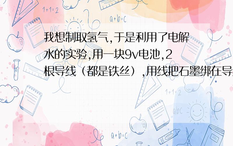 我想制取氢气,于是利用了电解水的实验,用一块9v电池,2根导线（都是铁丝）,用线把石墨绑在导线上做电极,将正极放入盐水中,负极接入瓶中,大约40分钟,集气瓶瓶口出现了一团绿色的东西（同