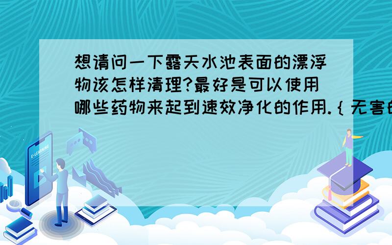 想请问一下露天水池表面的漂浮物该怎样清理?最好是可以使用哪些药物来起到速效净化的作用.｛无害的药物｝