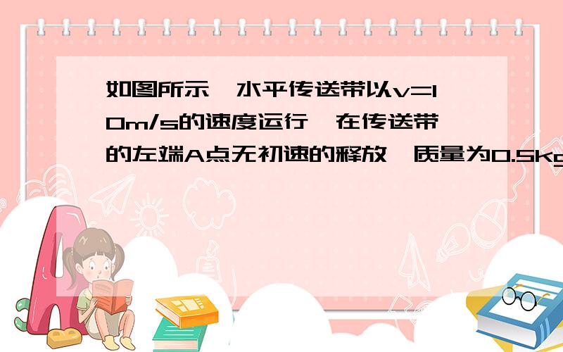 如图所示,水平传送带以v=10m/s的速度运行,在传送带的左端A点无初速的释放一质量为0.5kg的小物体,物体与传送带间的动摩擦因数为0.5,传送带A点到右端B点的距离为2.5米,求物体由A点运动到B点的