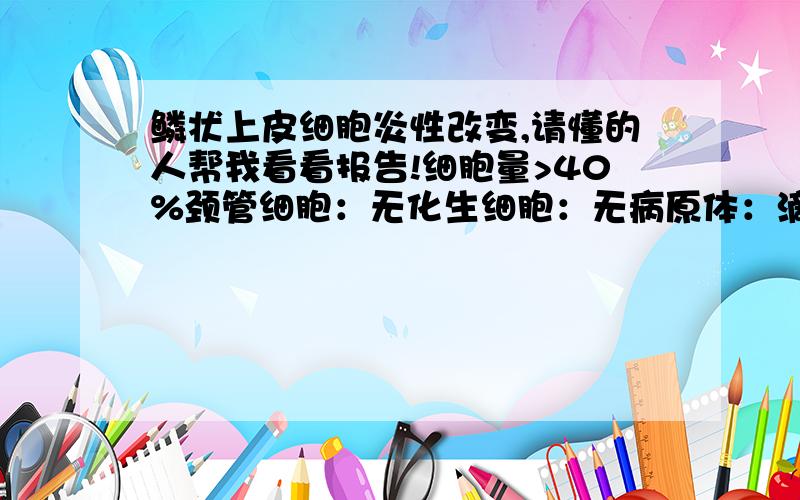 鳞状上皮细胞炎性改变,请懂的人帮我看看报告!细胞量>40%颈管细胞：无化生细胞：无病原体：滴虫、霉菌、疱疹、HPV感染都是无诊断：鳞状上皮细胞炎性改变是柏氏细胞学检测