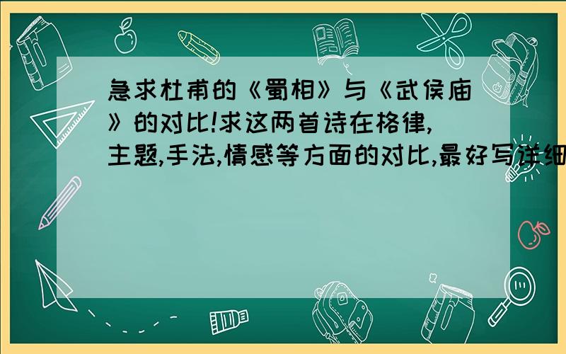 急求杜甫的《蜀相》与《武侯庙》的对比!求这两首诗在格律,主题,手法,情感等方面的对比,最好写详细些,蜀相 丞相祠堂何处寻?锦官城外柏森森.映阶碧草自春色,隔叶黄鹂空好音.三顾频烦天