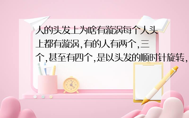 人的头发上为啥有漩涡每个人头上都有漩涡,有的人有两个,三个,甚至有四个,是以头发的顺时针旋转,请问为啥有漩涡,这种漩涡是怎样形成的呢?这种漩涡又叫什么?