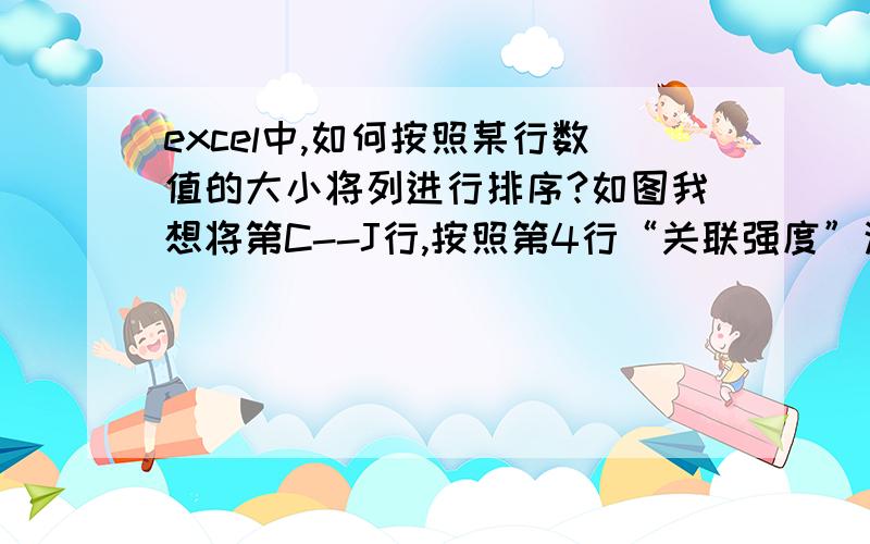 excel中,如何按照某行数值的大小将列进行排序?如图我想将第C--J行,按照第4行“关联强度”这行数据的大小,由大到小进行重新排列.请问应该怎么做?打错了,是C--J列.