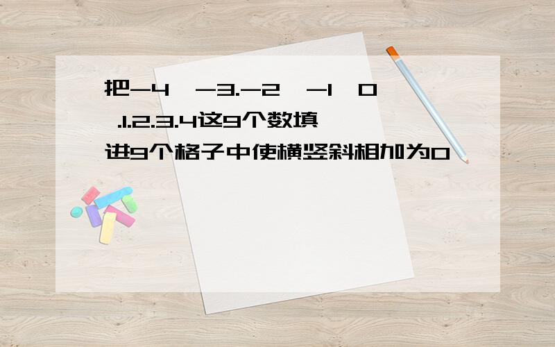 把-4,-3.-2,-1,0 .1.2.3.4这9个数填进9个格子中使横竖斜相加为0