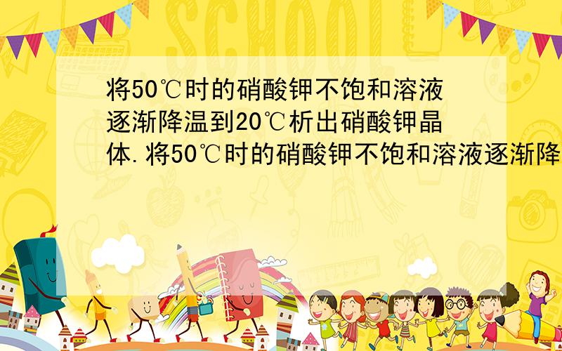 将50℃时的硝酸钾不饱和溶液逐渐降温到20℃析出硝酸钾晶体.将50℃时的硝酸钾不饱和溶液逐渐降温到20℃析出硝酸钾晶体,溶液中溶质的质量分数随冷却时间（t）的变化曲线为下图中的（