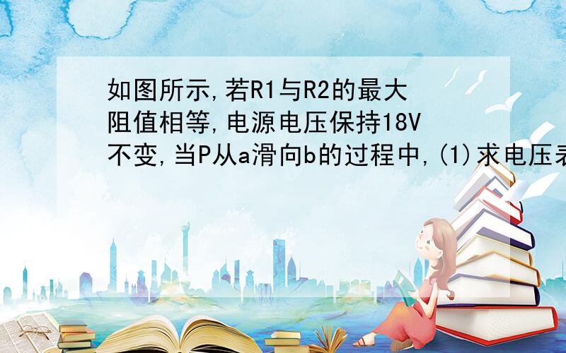 如图所示,若R1与R2的最大阻值相等,电源电压保持18V不变,当P从a滑向b的过程中,(1)求电压表示数变化范围(2)若电压表量程为0-15V,则P最多只能向右移到什么位置