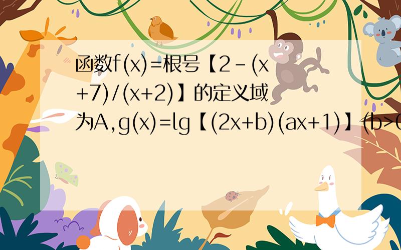 函数f(x)=根号【2-(x+7)/(x+2)】的定义域为A,g(x)=lg【(2x+b)(ax+1)】(b>0,a∈R)函数f（x）=根号【2-（x+7）/（x+2）】的定义域为A,g（x）=lg【（2x+b）（ax+1）】（b＞0,a∈R）的定义域为B.若A包含于B,求a,b的