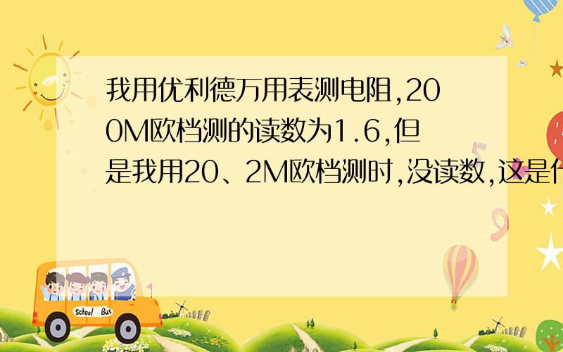 我用优利德万用表测电阻,200M欧档测的读数为1.6,但是我用20、2M欧档测时,没读数,这是什么情况?