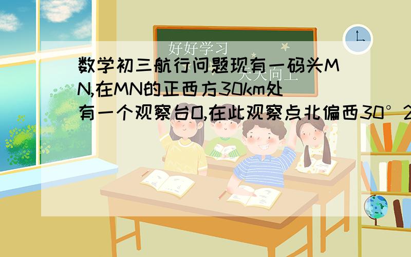 数学初三航行问题现有一码头MN,在MN的正西方30km处有一个观察台O,在此观察点北偏西30°20倍根号3km处观察到一艘轮船,40min后观察到此轮船已经到观察点正北20km处,求1）此轮船速度        2）如