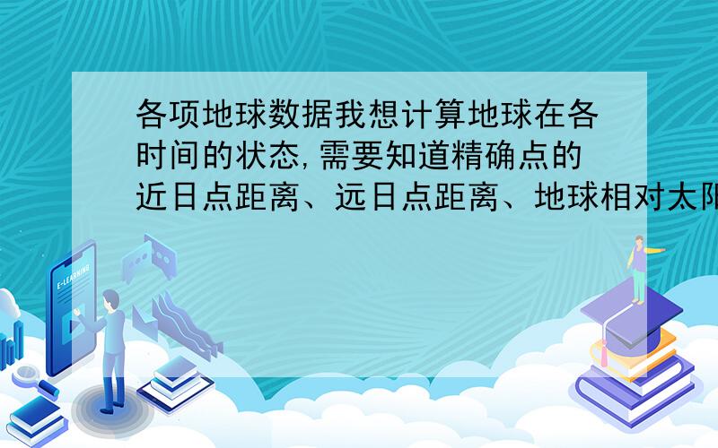 各项地球数据我想计算地球在各时间的状态,需要知道精确点的近日点距离、远日点距离、地球相对太阳的机械能、地球的角动量、地球自转平面与公转平面之间的夹角等等,谁能给我这些数