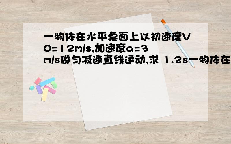 一物体在水平桌面上以初速度V0=12m/s,加速度a=3m/s做匀减速直线运动,求 1.2s一物体在水平桌面上以初速度V0=12m/s,加速度a=3m/s做匀减速直线运动,求1.2s末物体的速度2.3s内物体的位移