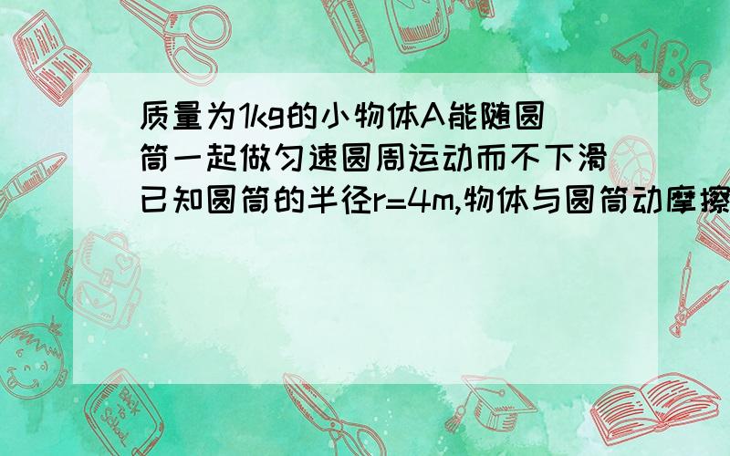 质量为1kg的小物体A能随圆筒一起做匀速圆周运动而不下滑已知圆筒的半径r=4m,物体与圆筒动摩擦因数u=0.1,g=10m/s^2.物体的最大静摩擦等於其滑动摩擦.要使物体不掉下来,圆筒转动的角速度范围