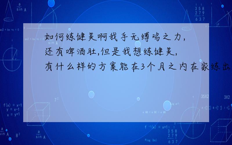 如何练健美啊我手无缚鸡之力,还有啤酒肚,但是我想练健美,有什么样的方案能在3个月之内在家练出腹肌、胸肌和手臂肌肉,方案最好详细一点譬如每天什么部位多少的运动量等等,