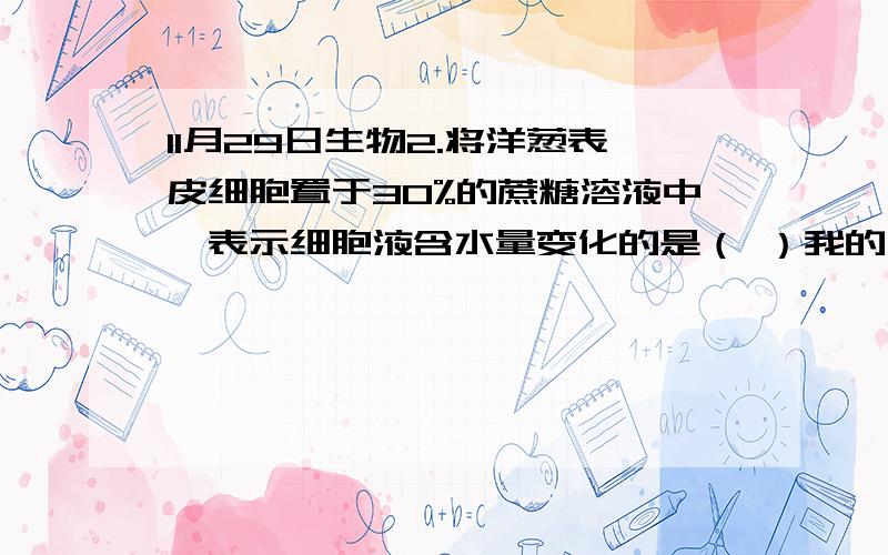 11月29日生物2.将洋葱表皮细胞置于30%的蔗糖溶液中,表示细胞液含水量变化的是（ ）我的问题是：答案选C的话,为什么这条线是曲线?