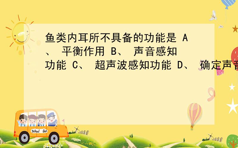 鱼类内耳所不具备的功能是 A、 平衡作用 B、 声音感知功能 C、 超声波感知功能 D、 确定声音方位功能