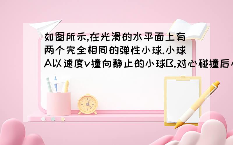 如图所示,在光滑的水平面上有两个完全相同的弹性小球.小球A以速度v撞向静止的小球B.对心碰撞后小球A变得静止,而小球B以速度v继续向前运动.对这里所发生的物理现象,下列说法正确的是（