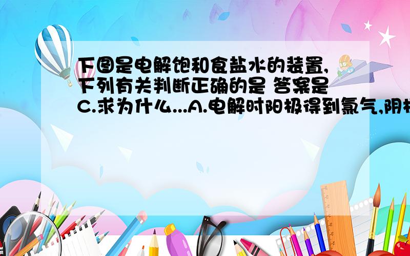 下图是电解饱和食盐水的装置,下列有关判断正确的是 答案是C.求为什么...A.电解时阳极得到氯气,阴极得到金属钠B.若在阴极附近的溶液中滴入酚酞试液,溶液显无色C.若在阳极附近的溶液中,滴