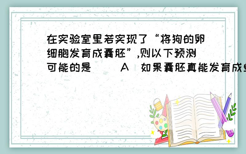 在实验室里若实现了“将狗的卵细胞发育成囊胚”,则以下预测可能的是（ ）A．如果囊胚真能发育成单倍体狗,则该狗不能生育B．如果通过抑制中心体活动使染色体加倍,发育成的个体患遗传