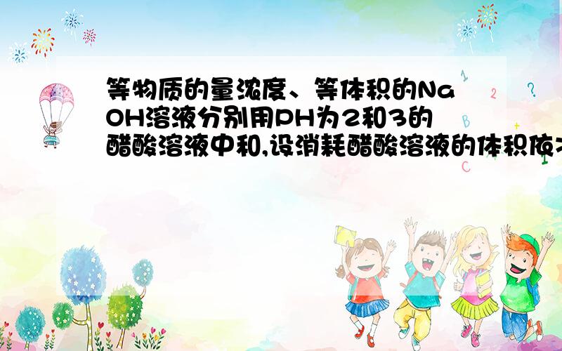 等物质的量浓度、等体积的NaOH溶液分别用PH为2和3的醋酸溶液中和,设消耗醋酸溶液的体积依次为VA VB则两者的关系正确的是VA>10VB VB10VA