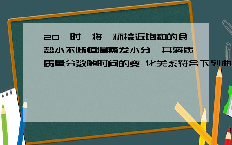 20℃时,将一杯接近饱和的食盐水不断恒温蒸发水分,其溶质质量分数随时间的变 化关系符合下列曲线中的1.解释选择的原因2.是不是接近饱和的食盐水不断蒸发水分,到达饱和程度时它的溶质质