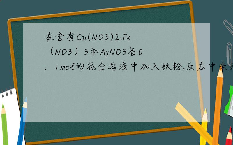 在含有Cu(NO3)2,Fe（NO3）3和AgNO3各0．1mol的混合溶液中加入铁粉,反应中未见有气体放出,当析出3．2g铜时,溶解铁粉的质量是（）?答案是：8．4g这是怎么做出来的?请写出详细过程及思路,谢谢!