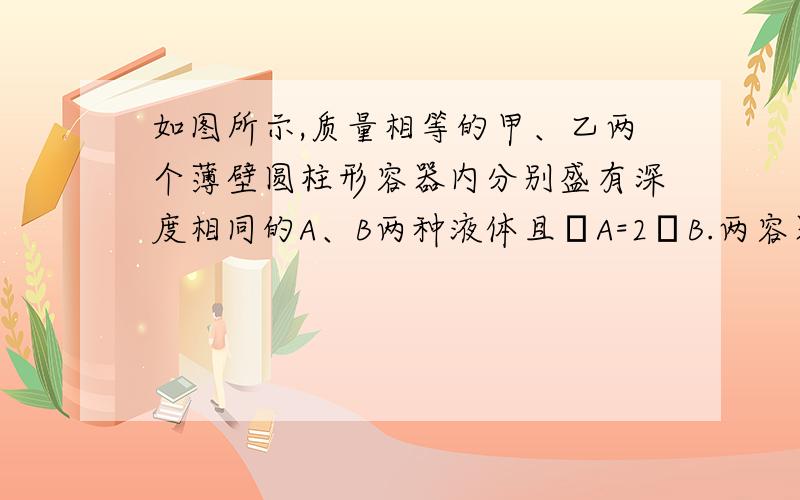 如图所示,质量相等的甲、乙两个薄壁圆柱形容器内分别盛有深度相同的A、B两种液体且ρA=2ρB.两容器底面积分别为S甲和S乙,且S甲=2S乙.现将两个相同的小球分别放入甲乙两容器中（没有液体