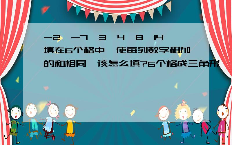 -2,-7,3,4,8,14填在6个格中,使每列数字相加的和相同,该怎么填?6个格成三角形