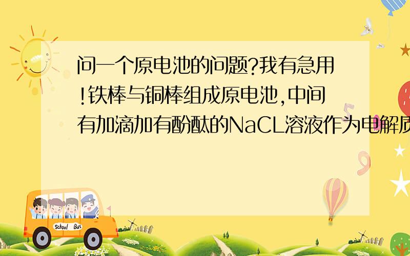 问一个原电池的问题?我有急用!铁棒与铜棒组成原电池,中间有加滴加有酚酞的NaCL溶液作为电解质溶液．问：有何现象发生＞?