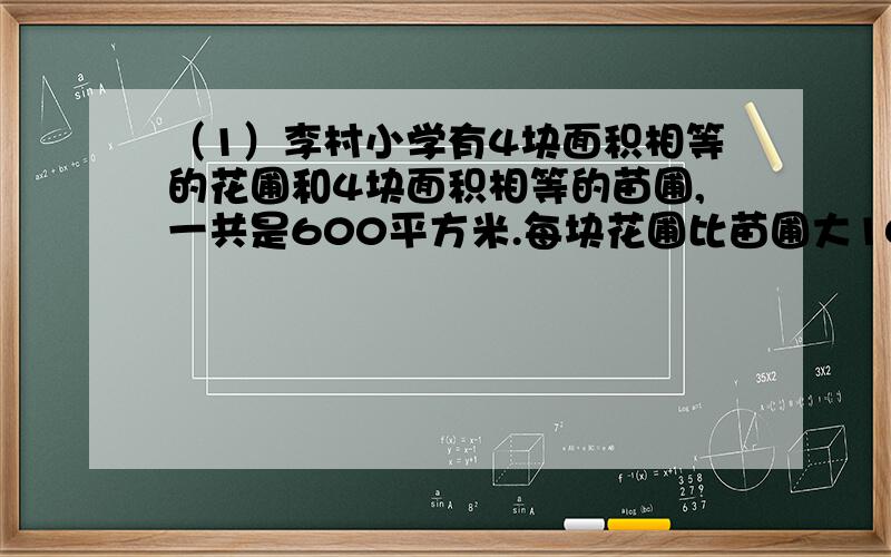 （1）李村小学有4块面积相等的花圃和4块面积相等的苗圃,一共是600平方米.每块花圃比苗圃大10平方米.每块花圃和每块苗圃的面积各是多少?（2）一工程队修一条长390千米的公路,已修的和未