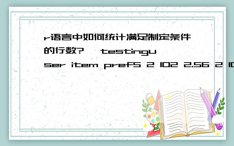 r语言中如何统计满足制定条件的行数?> testinguser item pref5 2 102 2.56 2 103 5.019 5 104 4.0现在有一随机数据框,如何统计user＝2的行数?另外,如果还有一个数据框training,training中user和item有2 101,2 102,2 103