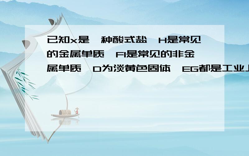 已知x是一种酸式盐,H是常见的金属单质,FI是常见的非金属单质,D为淡黄色固体,EG都是工业上重要的碱性物质,A物质可做耐火材料图片地址在这：把每个物质写出来就行了,不需要解析,不需要