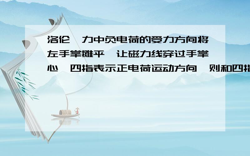 洛伦兹力中负电荷的受力方向将左手掌摊平,让磁力线穿过手掌心,四指表示正电荷运动方向,则和四指垂直的大拇指所指方向即为洛伦兹力的方向.但须注意,运动电荷是正的,大拇指的指向即为