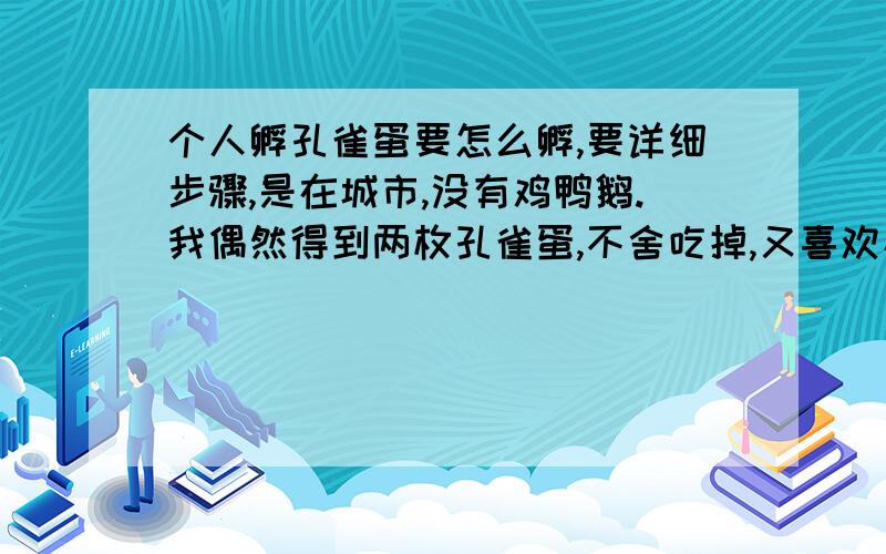 个人孵孔雀蛋要怎么孵,要详细步骤,是在城市,没有鸡鸭鹅.我偶然得到两枚孔雀蛋,不舍吃掉,又喜欢小动物,所以打算人工孵出,目前的处理是将蛋放在窗户隔间,用黑袋子包着,不知可否孵化成功