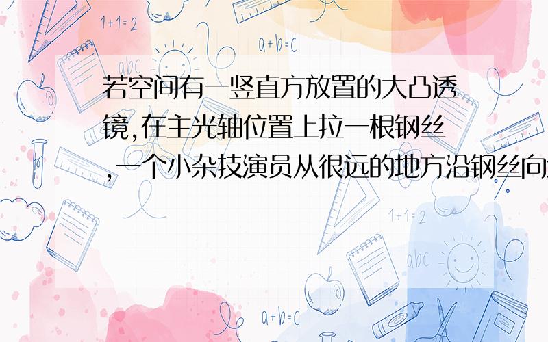 若空间有一竖直方放置的大凸透镜,在主光轴位置上拉一根钢丝,一个小杂技演员从很远的地方沿钢丝向焦点匀速走来.下列叙述中：1、 小演员每走一步象也走一步；2、 象匀速后退；3、象离